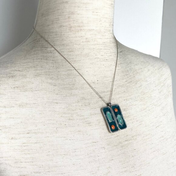 Sterling Silver 925 Modernist Style Enamel Geometric Pendant Necklace 18" Chain - Picture 14 of 16